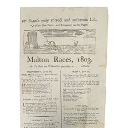 Early 19th century handbill for Malton Races June 1803 'Sagg's only correct and authentic list' with race details, runners and owners, named to back Revd. Harding, Pickering, H32cm
