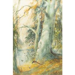 Charles Henry Clifford Baldwin (British 1849-1943): Woodland Lake Scene with Birds and Pheasants, set three watercolours signed max 45cm x 29cm (3) 
Notes: Baldwin was a longstanding artist for Royal Worcester