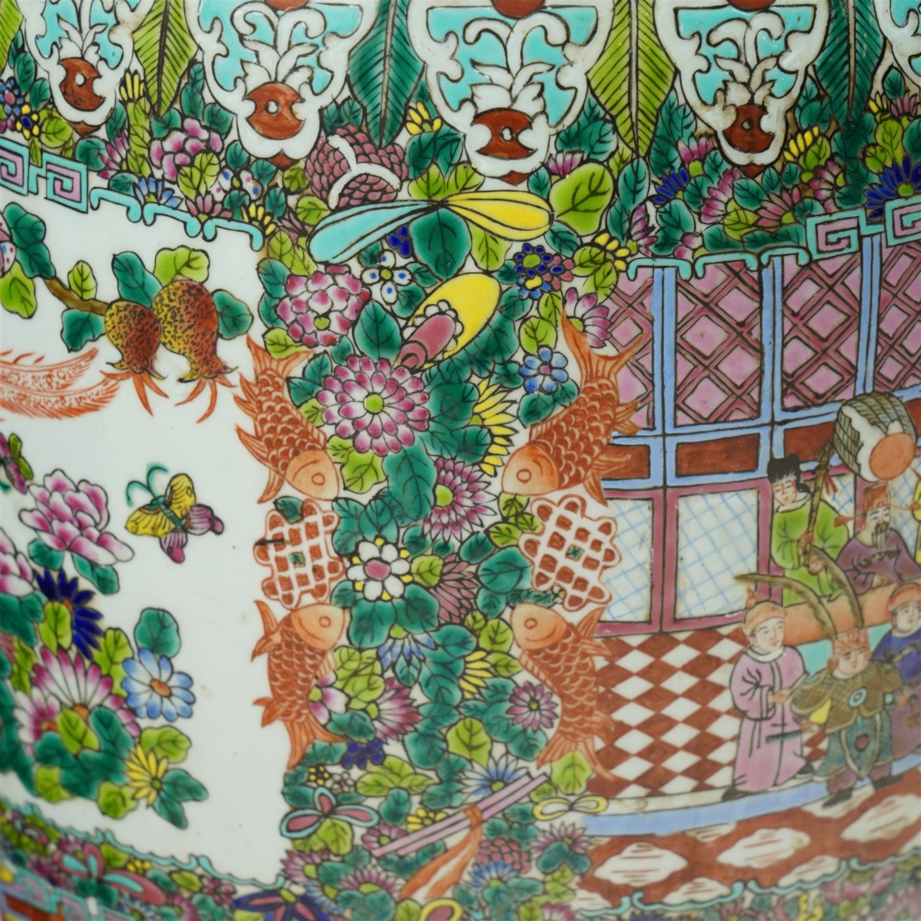 Pair of large 20th century Chinese famille rose floor vases, each of baluster form with waisted neck with gilt foo dog mounted shoulders, and lobed flared rim, decorated with alternating reserves of figures and birds and butterflies amidst blossoming flowers, the white ground profusely detailed with flower heads, each with character mark beneath, H87cm 