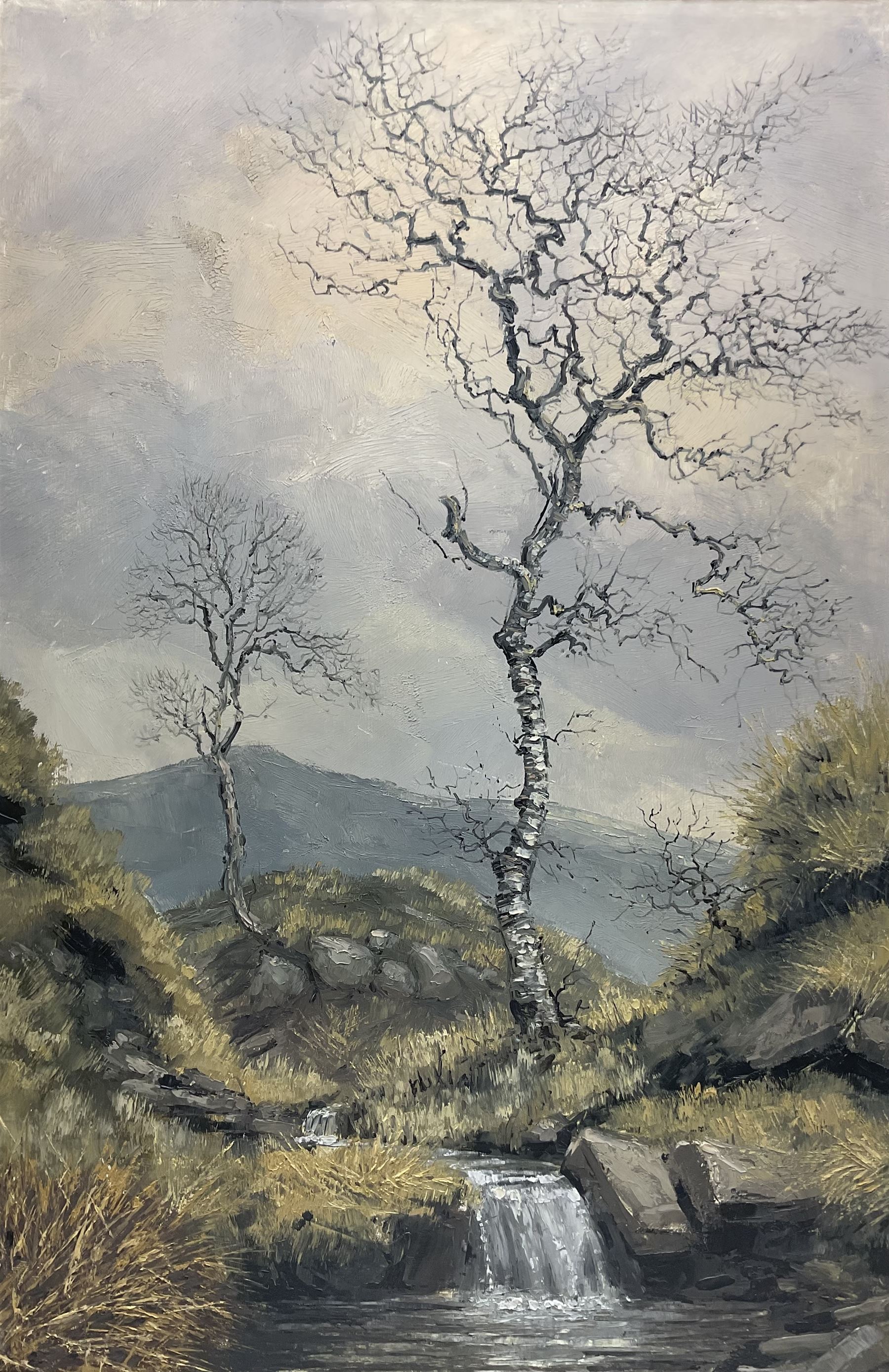 Rex N Preston (British 1948-): Upland Waterfall, oil on board signed and dated '70, 60cm x 39cm