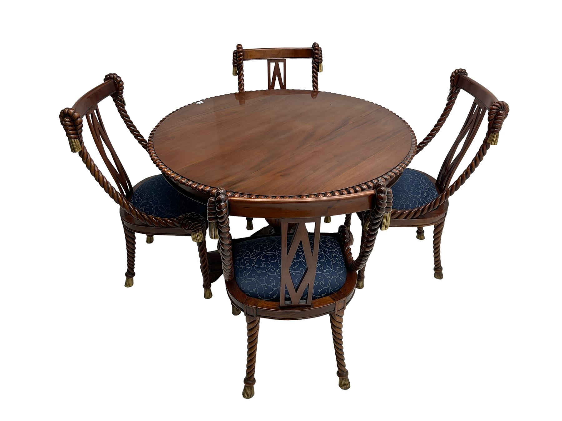 Regency style dining set - the table with circular tilt-top on turned and carved column, concaved triangular platform with three scroll carved feet, together with set four rope twist dining chairs with upholstered drop in seats