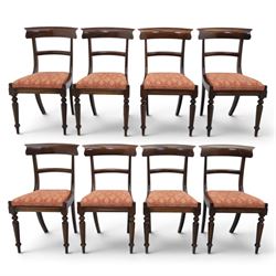 Set of eight 20th century solid rosewood dining chairs, upholstered drop in seats, on oak ...