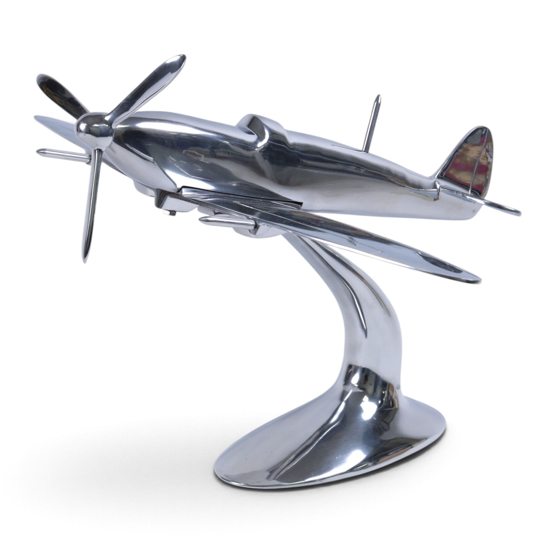 Modern polished metal model of a Spitfire, H36cm