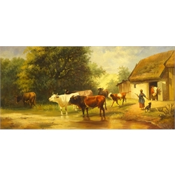  Cattle Being Let out of the Barn, 20th century oil on panel unsigned 19cm x 39cm and Figure Picking Flowers Outside Country Cottage, oil on canvas unsigned 26cm x 22cm (2)  