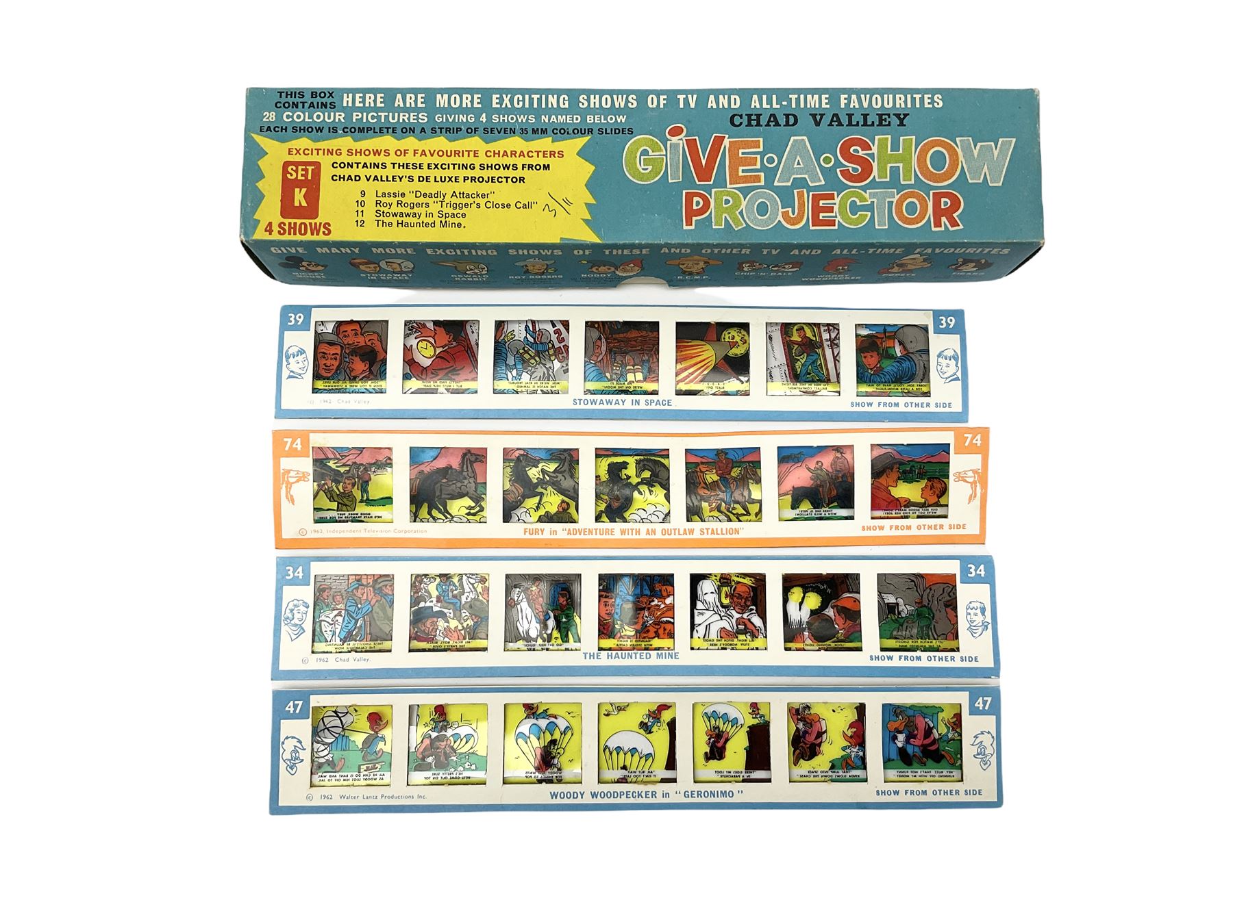 Chad Valley battery operated Give-A-Show projector, boxed with quantity of slides; and two extra boxes of slides Sets J & K (3)