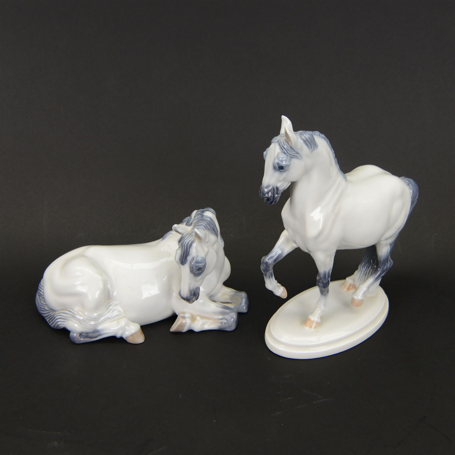 Two Royal Copenhagen figures modelled as Lippizaner horses, the first example in a recumbent pose no 5690, the second example prancing upon a stepped circular base, H19cm 