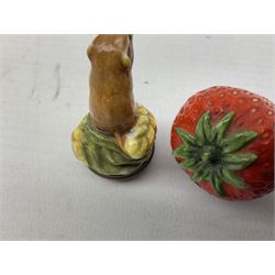 Two Halcyon Days enamel bonbonnieres modelled as mice, I am a magical mouse, and ''Consider the little mouse, how sagacious an animal it is...' Roman Playwright', together with three Halcyon Days enamel boxes, modelled as a bee upon a flower, a ladybird upon a leaf, and a strawberry, each in fitted box, (5)