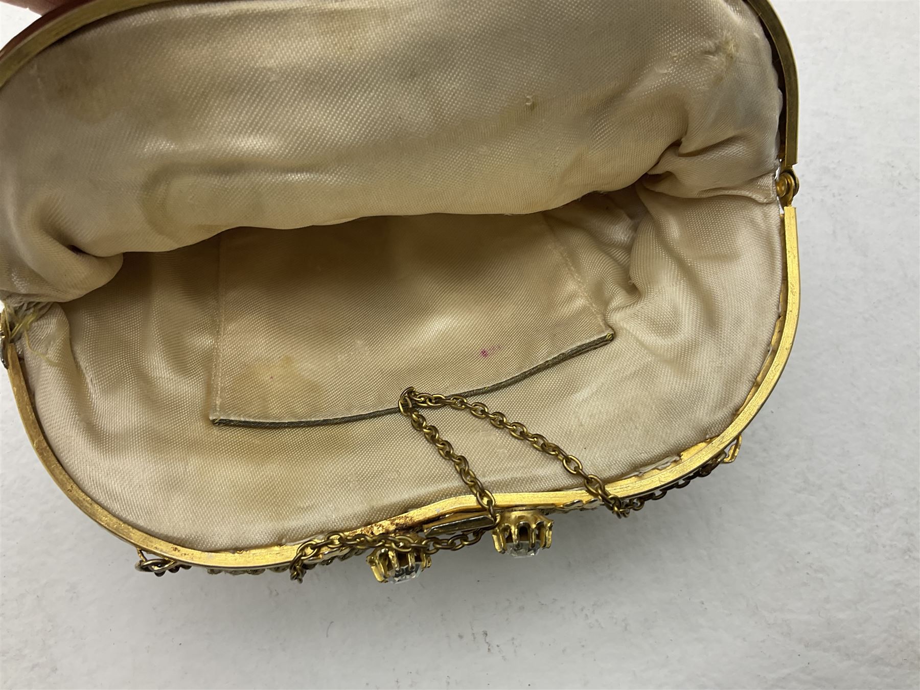 Victorian three piece mourning dress, with lace trim and jet beading, including velvet coat with satin collar panels and cuffs, the nipped waist with boning and slight flared peplum, heavily embellished beaded high neck collar, and ladies embroidered silk lined purse with gilt handle, mount and clasp