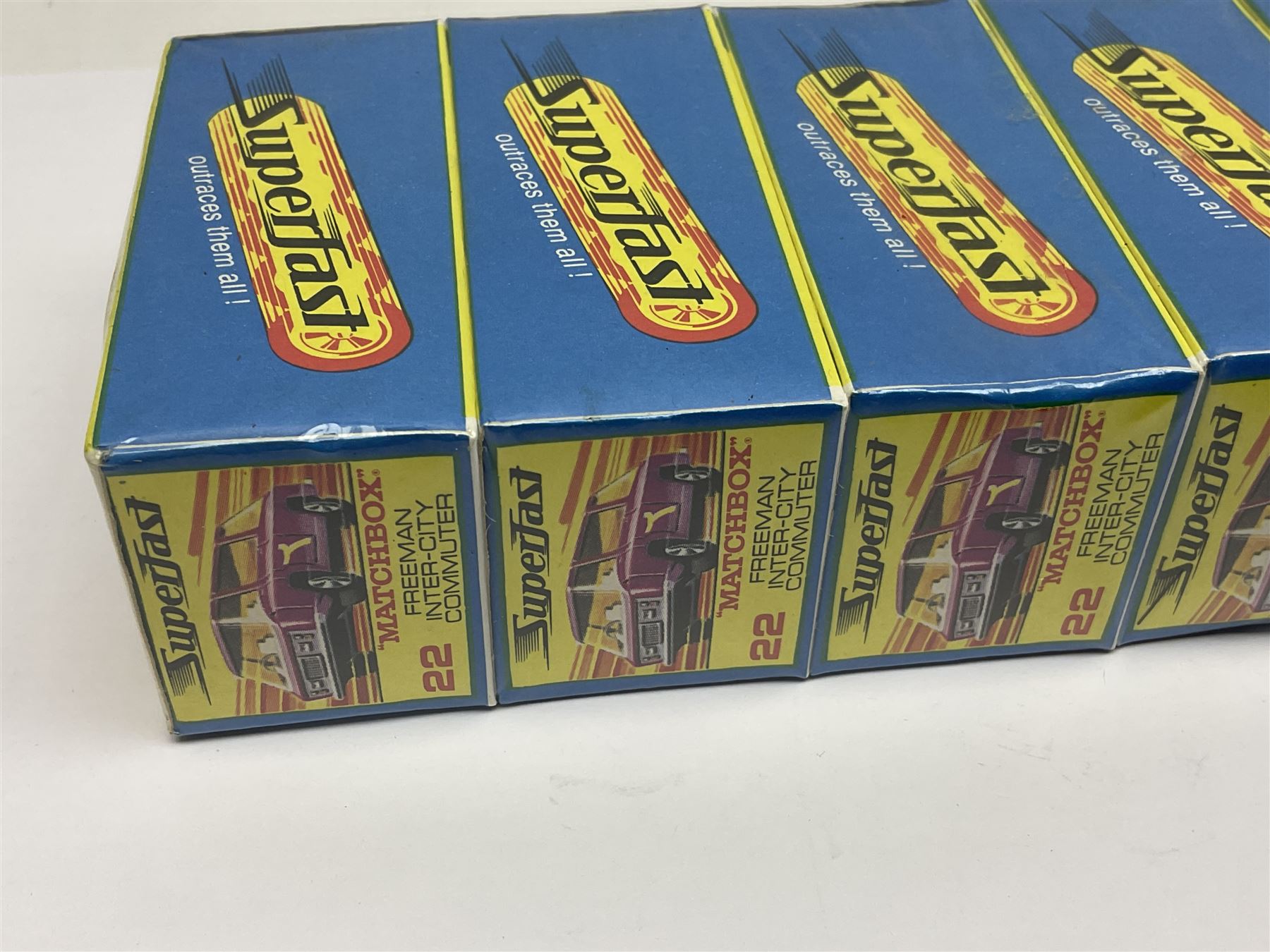 Matchbox 1-75 Series 'Superfast' ex-shop stock - unopened pack of six 22d Freeman Intercity Commuter models; and three others comprising 45c Ford Group 6, 56c BMC 1800 Pinafarina and 65d Saab Sonnet III; all boxed (9)