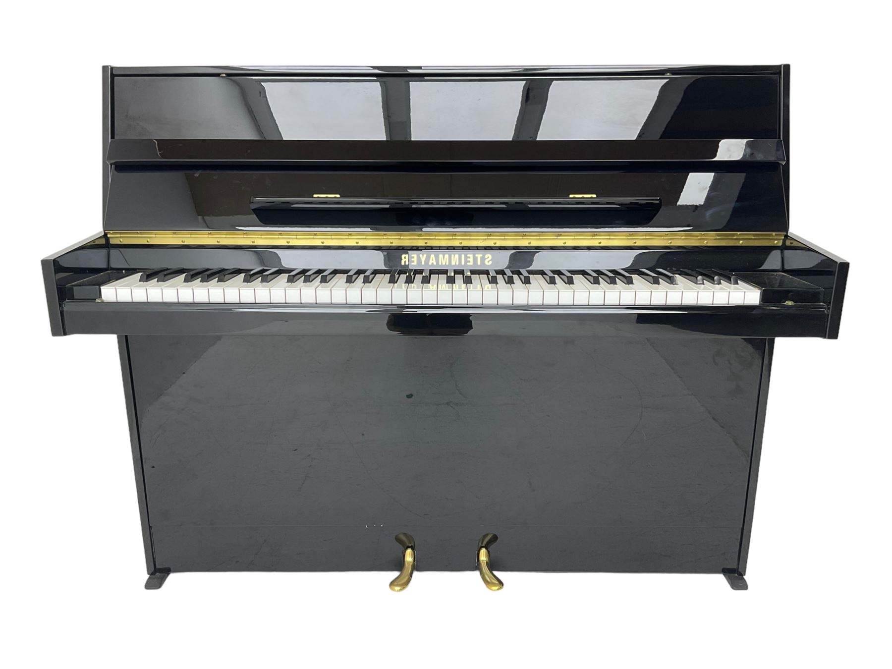 Steinmayer - contemporary upright piano in a black lacquered case, iron over strung frame with an underdamper action, internally operated hammer mute, sustain and Una-corda pedals, with a  6 octave 73 key compass, serial number '551051128'. L122cm