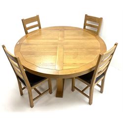 Light oak circular dining table on X-base with straight supports (D150cm, H69cm) and set four ladder back dining chairs (W41cm)