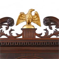 Johnathan Storr of York - 30 hour longcase clock c1770, in a later mahogany case with a decorative swan neck pediment, carved gilded eagle and fretwork, with a dogtooth moulding, break arch hood door and detached pilasters beneath, trunk with a conforming break arch topped door on a square plinth with raised moulding and bracket feet, brass arched dial with makers name to the arch, plain dial centre and silvered chapter ring with Roman numerals, five minute Arabic's, minute track and matching steel hands, chain driven movement with a countwheel strike on a bell. No Pendulum or weight.
Johnathan Storr was an 18th century York clockmaker, working from Petergate and Minster gates in the city centre.