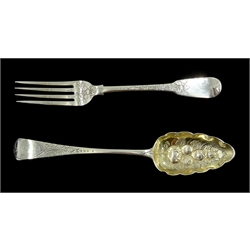 George III silver berry spoon by Solomon Hougham, London 1801 and a George III silver fork, fiddle pattern with bright cut floral decoration by Thomas Wilkes Barker, London 1805, approx 4.5oz
