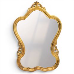 Rococo design gilt wall mirror, shaped and moulded frame, serpentine lower apron, enclosin...