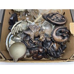 Collection of replica Cathedral carvings, together with other glass and metalware, in two boxes 