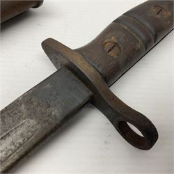 WWI Remington Pattern 1913 bayonet, the 43cm fullered blade with various marks to the ricasso including date code 11 16; in leather covered scabbard with various stamps including JWB 17 L58cm overall; and a French Model 1866 sabre bayonet (no scabbard)