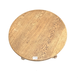 Mid to late 20th century circular oak occasional table, three baluster supports joined by floor stretchers with squirrel engraving, D55cm, H52cm