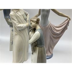 Collection of seven Lladro figures, including Seated ballerina with swan 6204, Childhood Dream 8129, Dancer 5050, reclining clown with ball alongside a selection of other figures. 