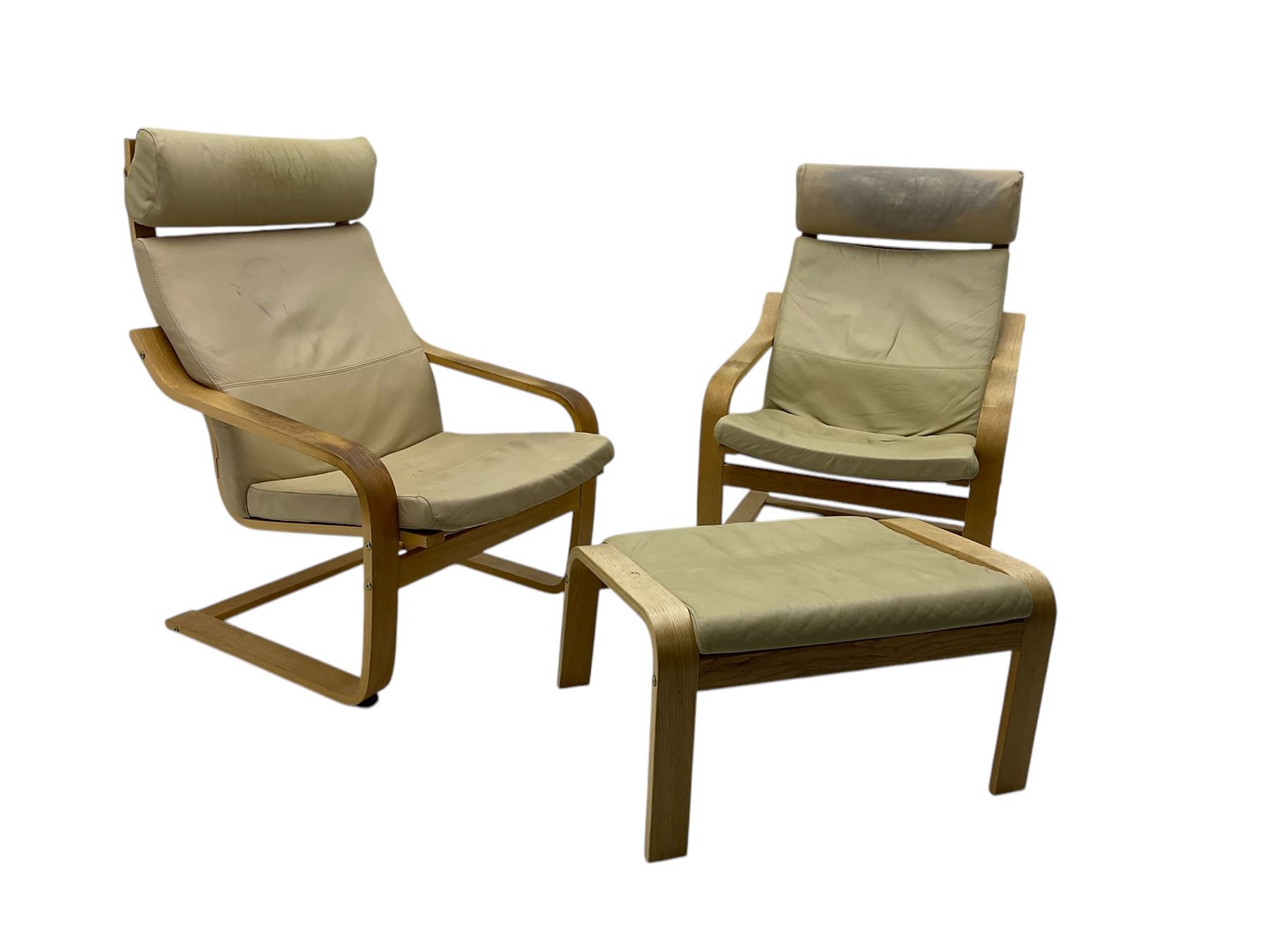 Ikea - pair of 'Poang' cantilever armchairs, upholstered in tan leather; complete with matching footstool (3)