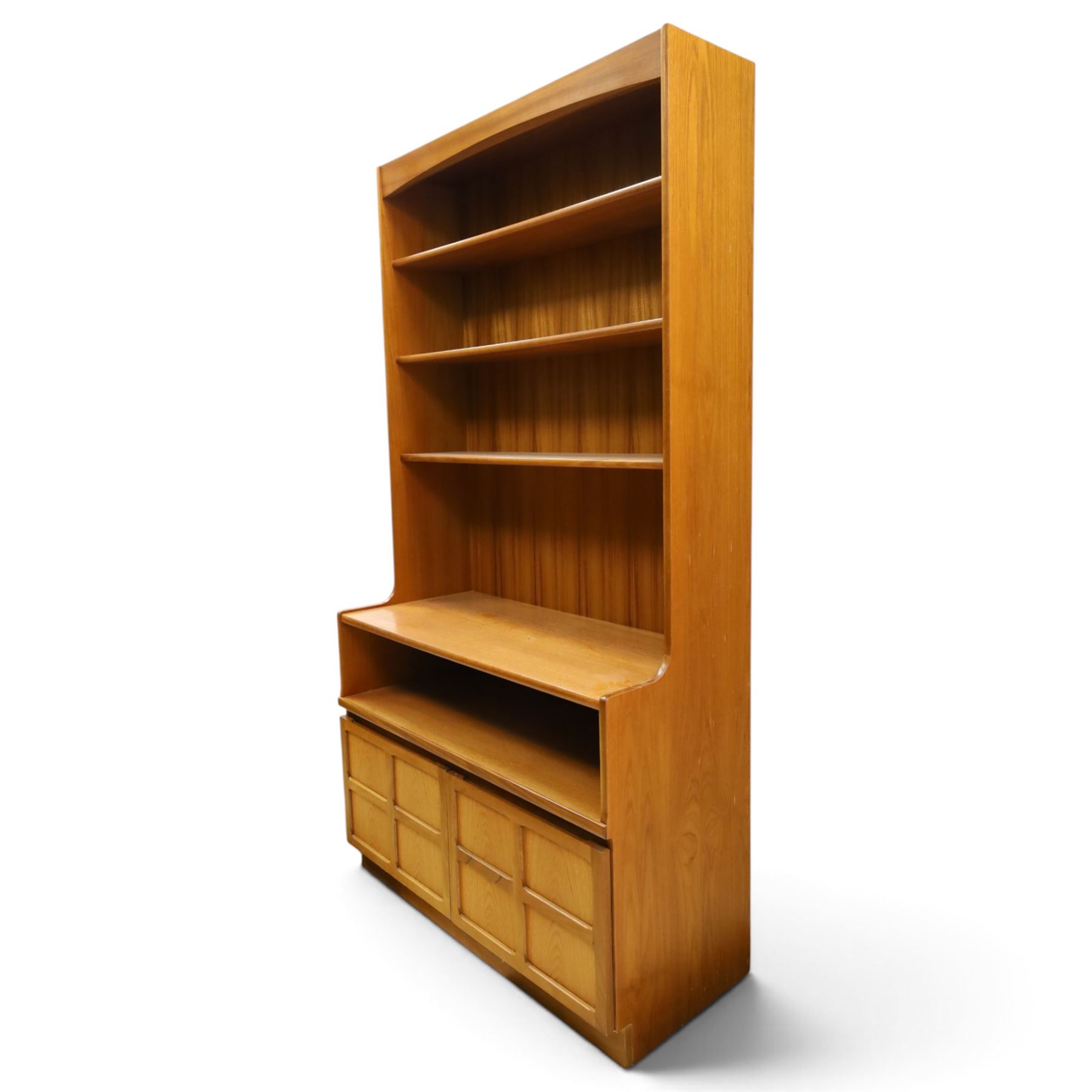 Nathan - 'Squares' open bookcase, with three shelves above an open recess, with twin square panelled doors, on a plinth base