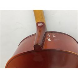 Two student half-size cellos - Boosey & Hawkes Artia with 65cm one-piece back and spruce top; bears maker's label; L104cm overall; and Romanian with 65.5cm two-piece maple back and ribs and spruce top; bears label; L108.5cm overall; each in soft carrying case with two bows (2)