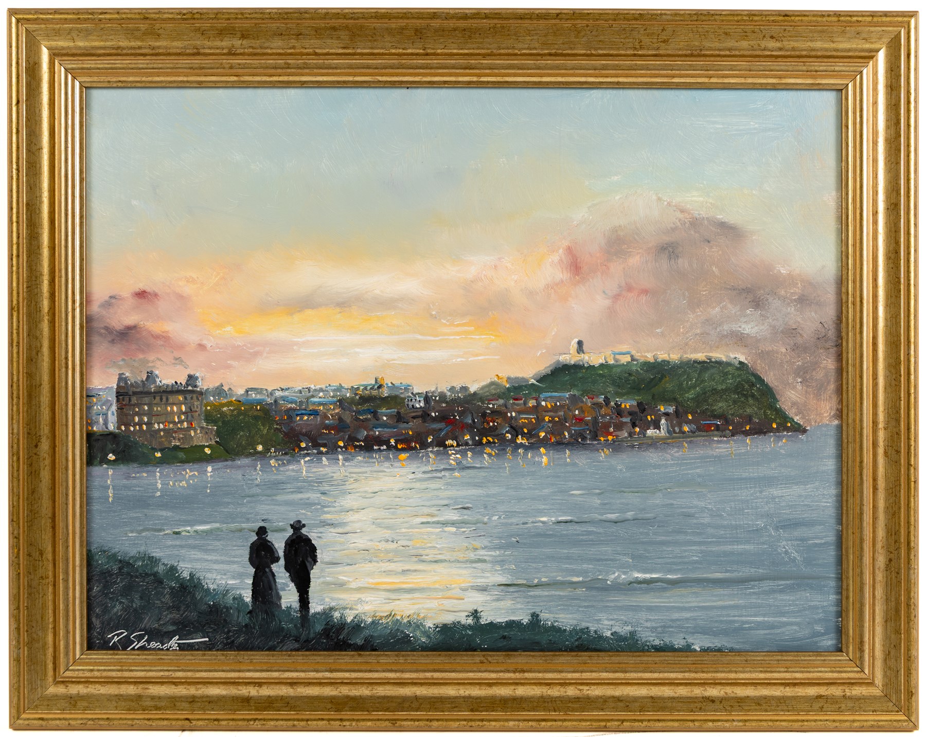 Robert Sheader (British 20th century): Scarborough Harbour at Dusk, oil on board signed 29.5cm x 39cm