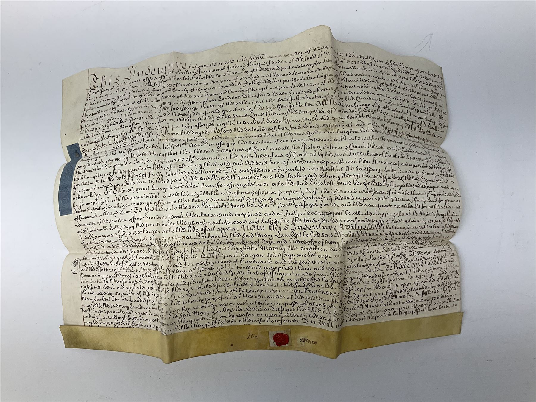 Three 17th/18th century manuscript deeds on vellum relating to properties in Bowling Alley Lane, Hull - one dated 16/12/1689 with seal 44 x 65cm; mortgage dated 20/2/1711 56 x 74cm; and assignment of mortgage dated 5/5/1727 with seal; all folded (3)
