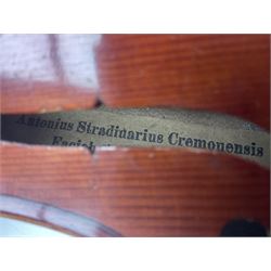 Saxony violin c1900 with 36cm two-piece maple back and ribs and spruce top; bears label 'Antonius Stradivarius Cremonensis Faciebat Anno 17**' L59cm overall; in carrying case