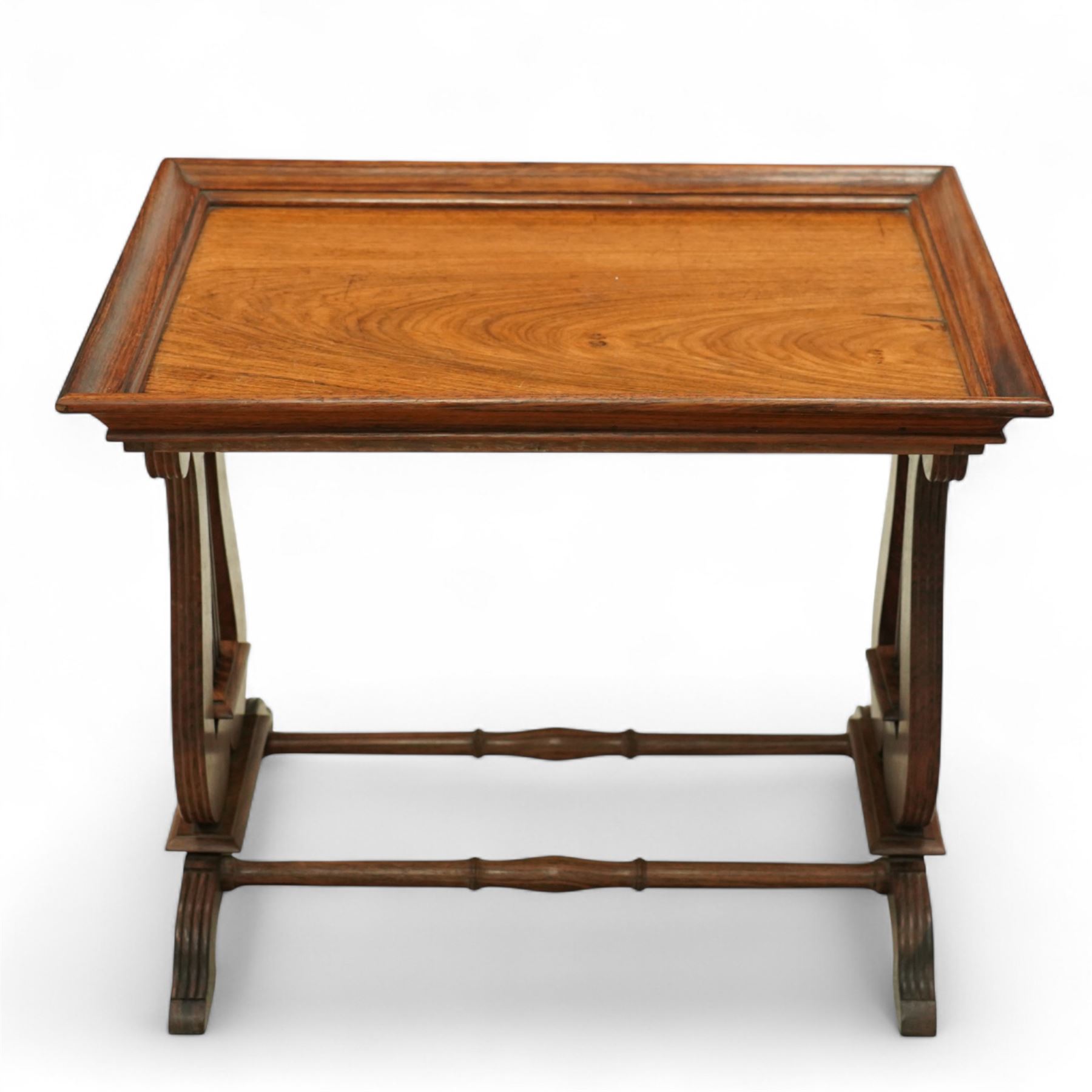 Regency design rosewood butler’s tray on stand, rectangular tray with moulded gallery raised on lyre-end supports united by turned stretchers