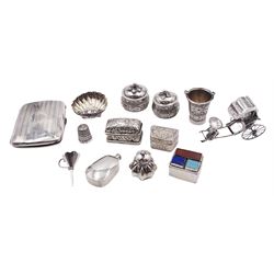 Group of small silver items, including a modern silver perfume funnel, with shaped rim, hallmarked Ari D Norman, London 1992, a Victorian silver salt in the form of a shell, upon three ball feet, hallmarked William Henry Leather, Birmingham 1894, a 1920's silver cigarette case, with engine turned decoration and central monogram to front cover, hallmarked Henry Matthews, Birmingham 1920, five modern silver pill boxes, one example set with three hardstones, and a 20th century Chinese silver miniature, modelled as a rickshaw, etc approximate total weight 7.30 ozt (227.1 grams)