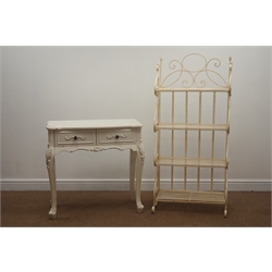  French style painted console table, two drawers, cabriole legs (W81cm, H78cm, D40cm) and a wirework folding four tier shelf unit (2)  