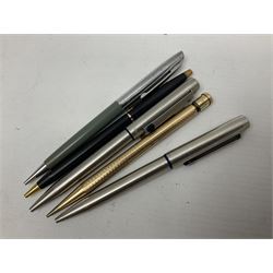 1950s Parker 51 Aerometric pen with rolled gold cap and dove grey case, Yard O Led rolled gold mechanical pencil, Parker Frontier fountain pen in merging red and black, Parker gold nib pen in dark blue case, and eleven other vintage pens