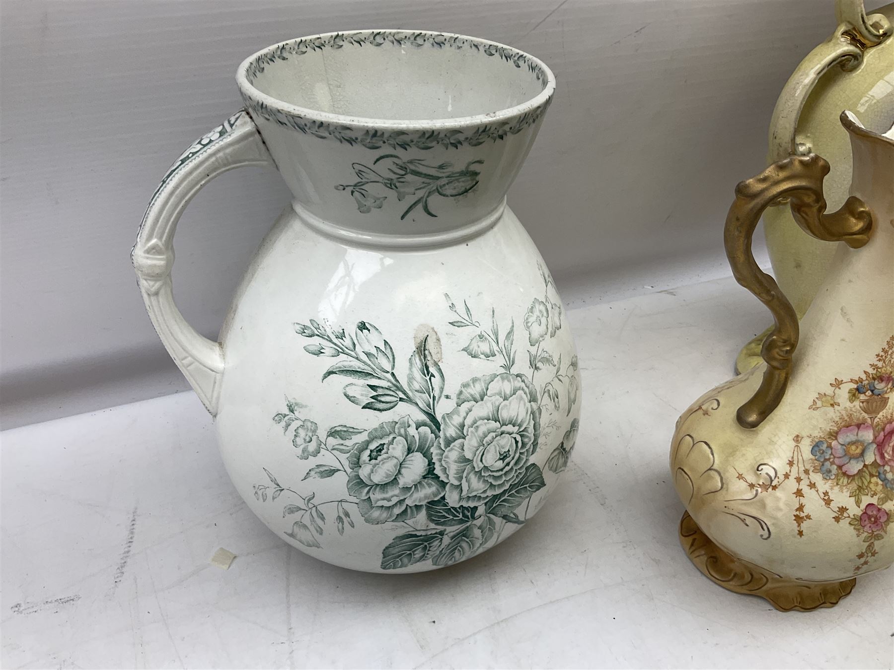 Fieldings Crown Devon Windsor pattern wash jug and bowl, together with two blush ivory ewers and other Victorian ceramics to include twin handled vase of flattened form and jug, tallest H36cm