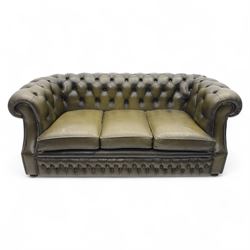Chesterfield three seat sofa upholstered in green buttoned leather