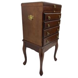 Mahogany pedestal chest on stand, fitted with four velvet lined drawers and hinged top