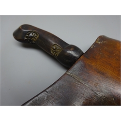  Malayan Kris, 33cm fullered double edge steel blade, shaped hardwood grip carved with symbols, in hardwood scabbard, L48cm  