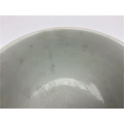 Pair of Chinese famille jaune bowls, decorated in green enamel with a dragon chasing a flaming pearl amongst clouds, upon a yellow ground, the interior decorated to centre with dragon, with six character mark beneath, D17.5cm