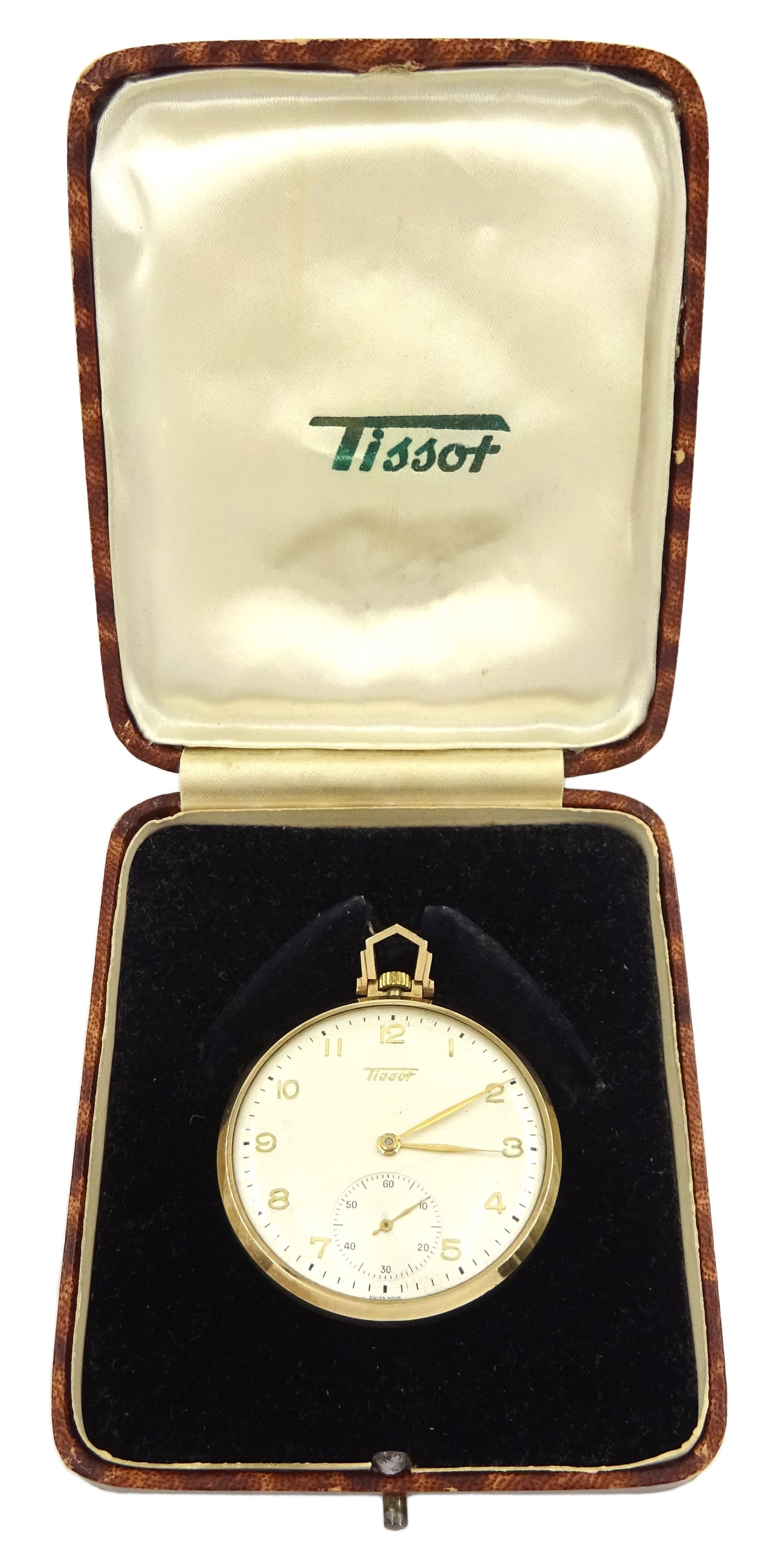 9ct gold open face keyless lever pocket watch by Tissot, silvered / cream dial with Arabic numerals and subsidiary seconds dial, case by Dennison, Birmingham 1958, cased