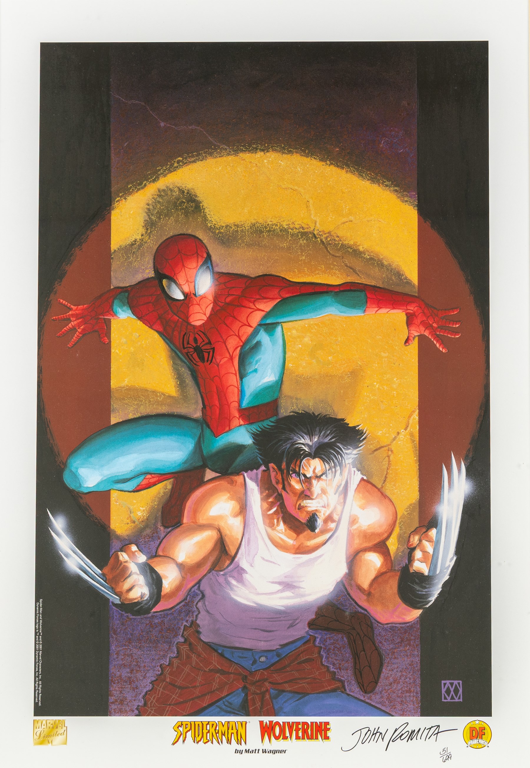 Limited edition signed lithograph 'Spider-Man/Wolverine' signed by John Romita, artwork by Matt Wagner, limited edition no. 51 of 699, framed with Dynamic Forces certificate of authenticity, artwork H52cm, W34cm