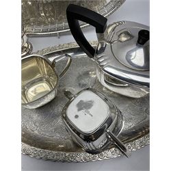 Silver plated tea set by H Fisher & Co of Sheffield comprising tea pot, open sucrier and milk jug, Viners of Sheffield 'Chased' tray, Onedian USA silver plated tea and coffee pots with lidded sucrier and jug, and other plated and similar items
