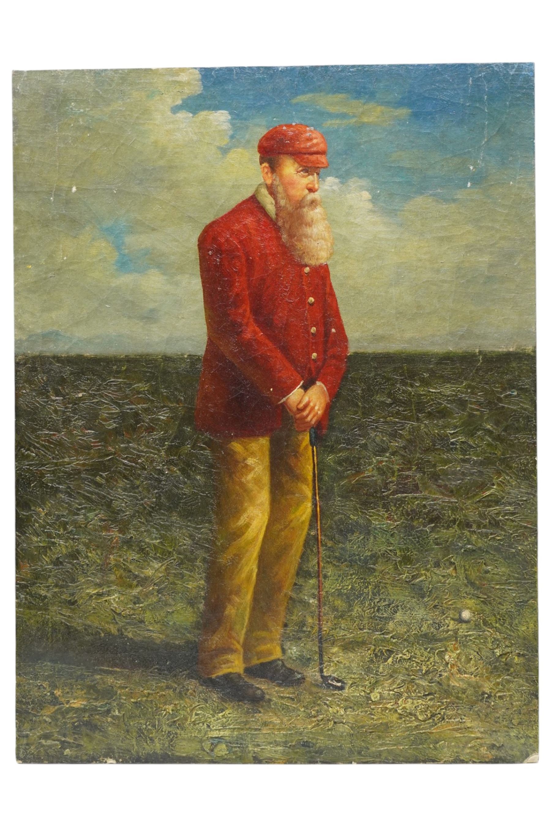 After Anton Maria Mucchi Vignoli (Italian 1871-1945): Professional Golfers Old Tom Morris and Young Tom Morris, pair of oils on wood panel one indistinctly signed 41cm x 31cm (2) (unframed)