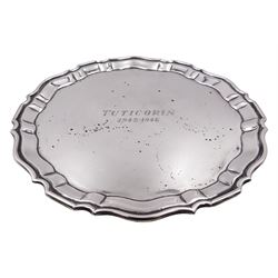 Anglo Indian silver salver, of circular form with pie crust rim, engraved to centre 'Tuticorin 1942-1946', marked ORR SIL 46, for Orr & Sons, Madras, D20cm, approximate weight 7.75 ozt (241 grams)

