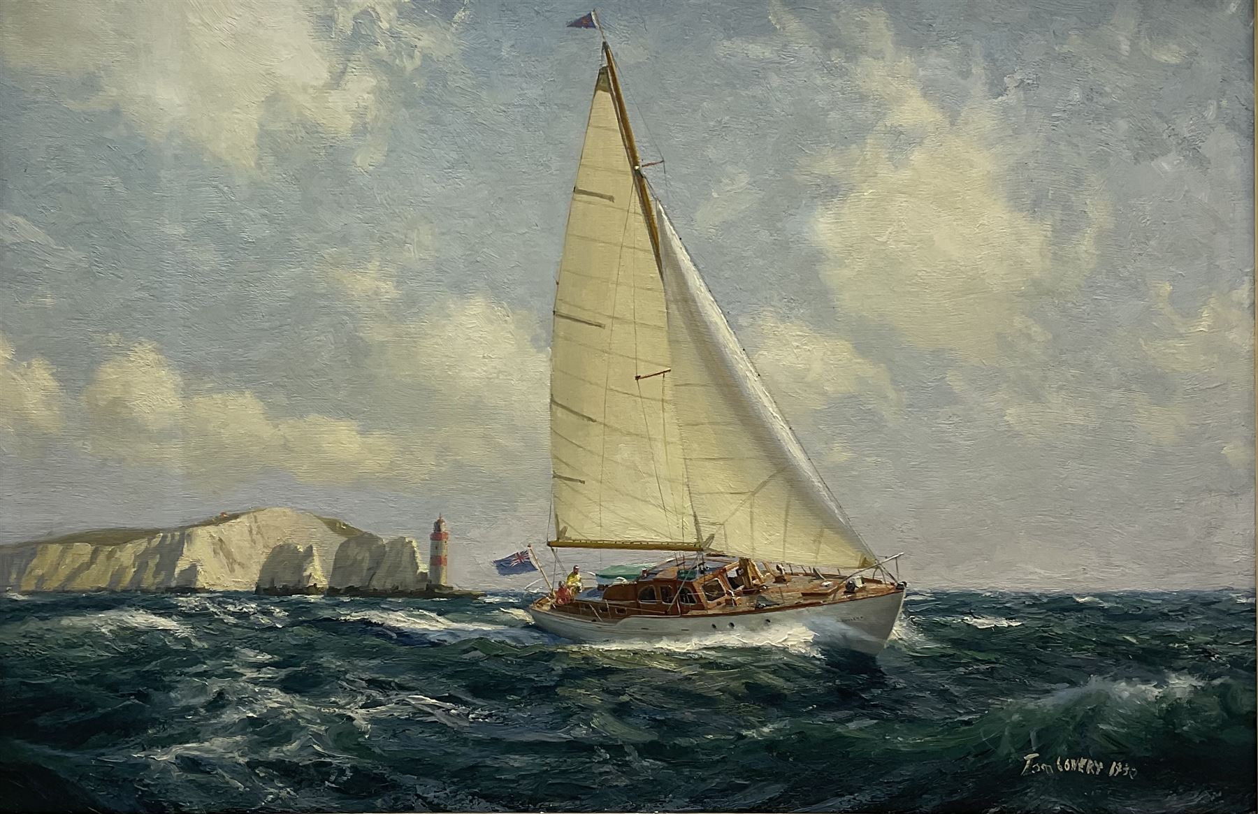 Tom Lowery (20th century): Racing Yacht 'Phylene' off the Needles Isle of Wight, oil on canvas covered board signed and dated 1968, titled verso 49cm x 75cm