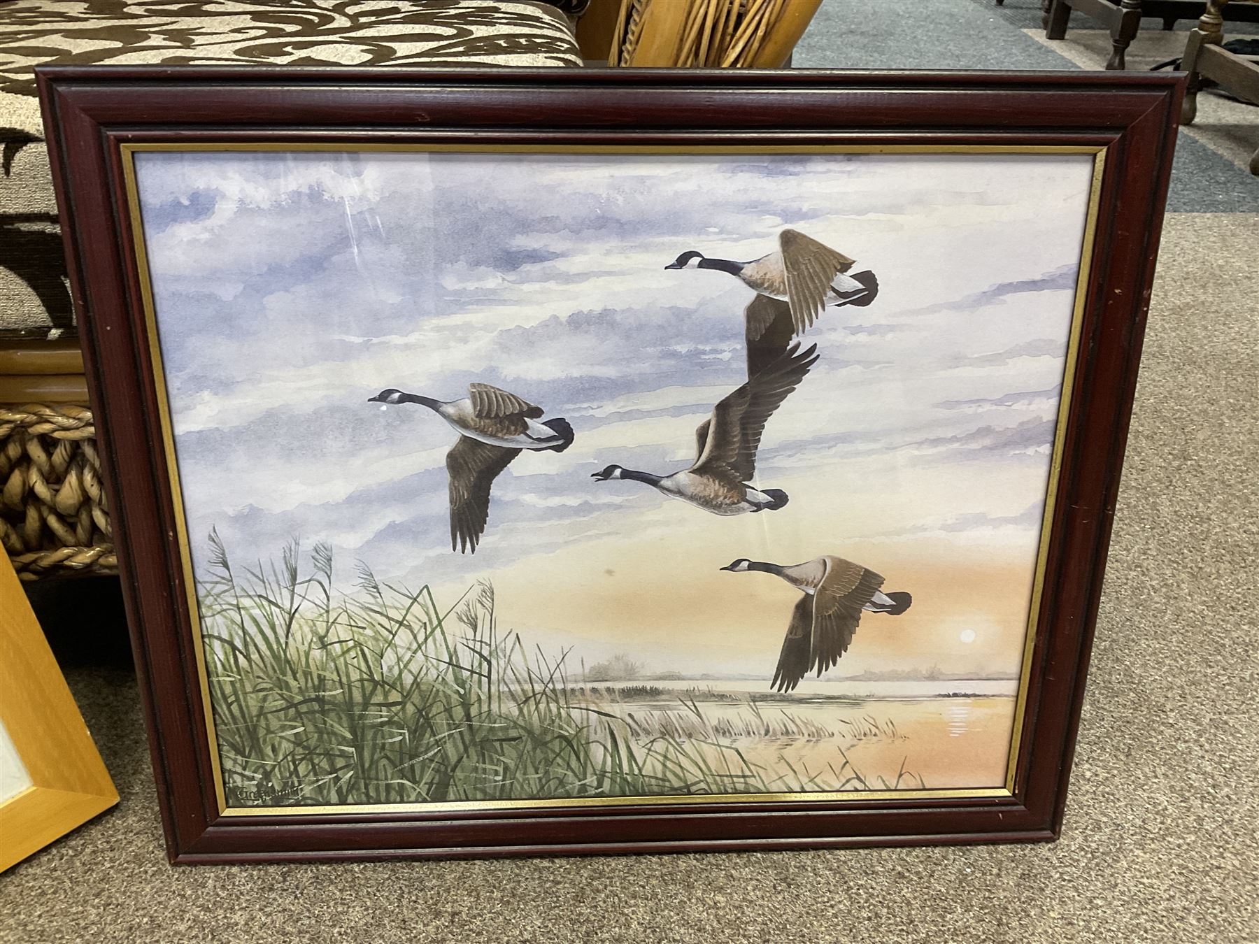 G A Townsend (British 20th century) 'The Trout Inn', watercolor signed and dated; M C W (British 20th century) The Wolds watercolor signed and dates, together with another watercolour and three landscape prints