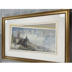Collection of pictures, to include After William Callow (British 1812-1908): Continental River Scene, coloured lithograph; English School (20th century): Church Ruins on the River, watercolour unsigned; Christopher Gifford Ambler (British 1886-1965): Ceasar's Wife - A Matter of Colour, coloured print signed in pencil; after Francis Nicholson (British 1753-1844): Newbrough Gate 1834, monochrome lithograph; Map of Venice, coloured print, with others and one mirror, max 40cm x 49cm (18)
