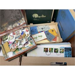 Great British and World stamps including stamps on covers, first day covers, small number of presentation packs, Malaysia, Pitcairn Islands, Papua and New Guinea, Norfolk Island, North Borneo, Malaya etc, housed in various albums, folders and loose, in two boxes
