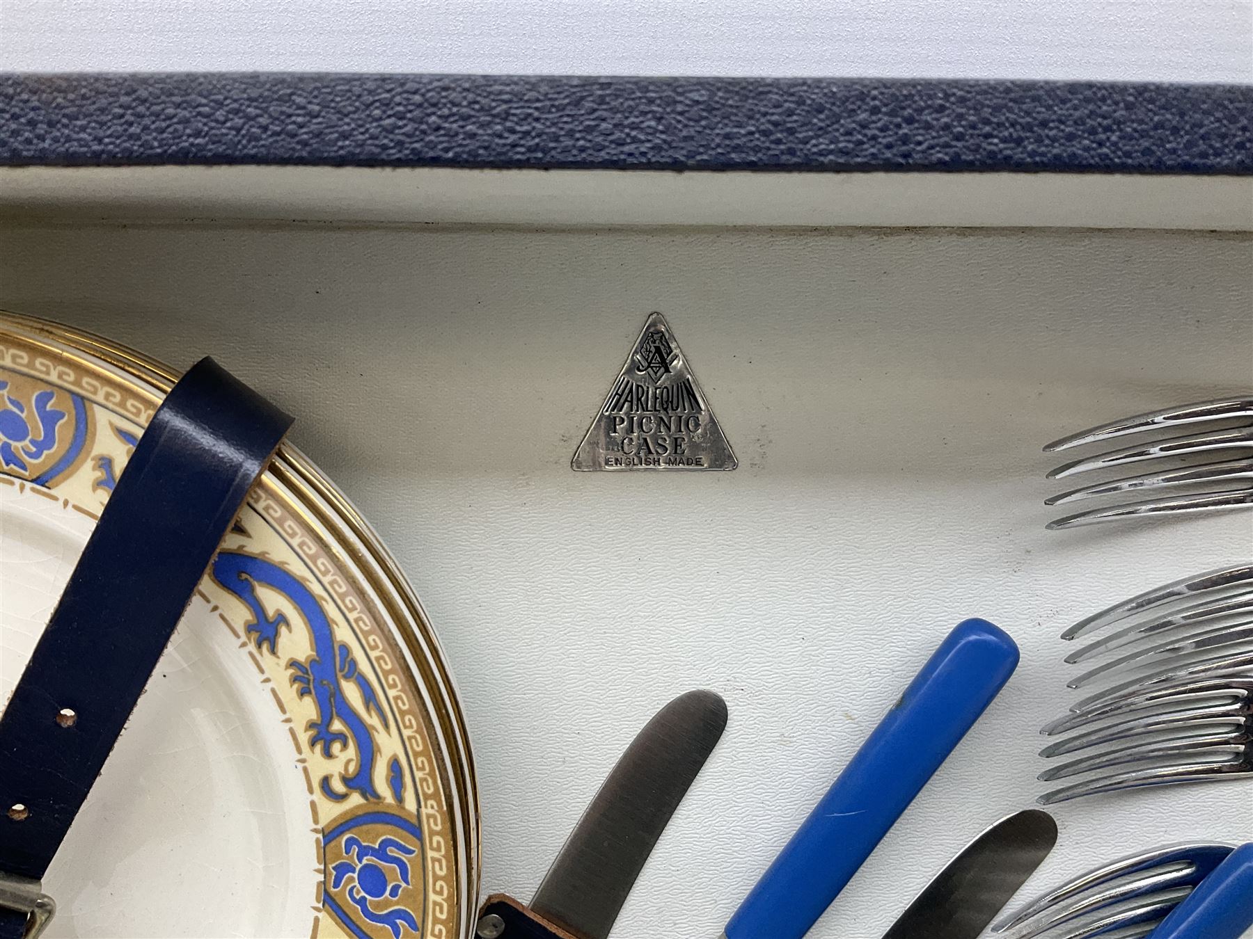 Vintage Harlequin picnic case, with tin sandwiches boxe, ceramic cups, plates, bowls and flatware for four settings, L48cm, H30cm