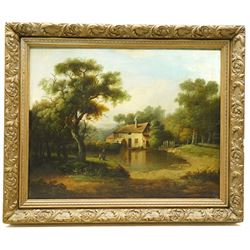 Circle of Patrick Naysmith (British 1787-1831): Figures by a Lakeside Cottage, oil on panel unsigned, red wax collector’s seal verso 35cm x 44cm