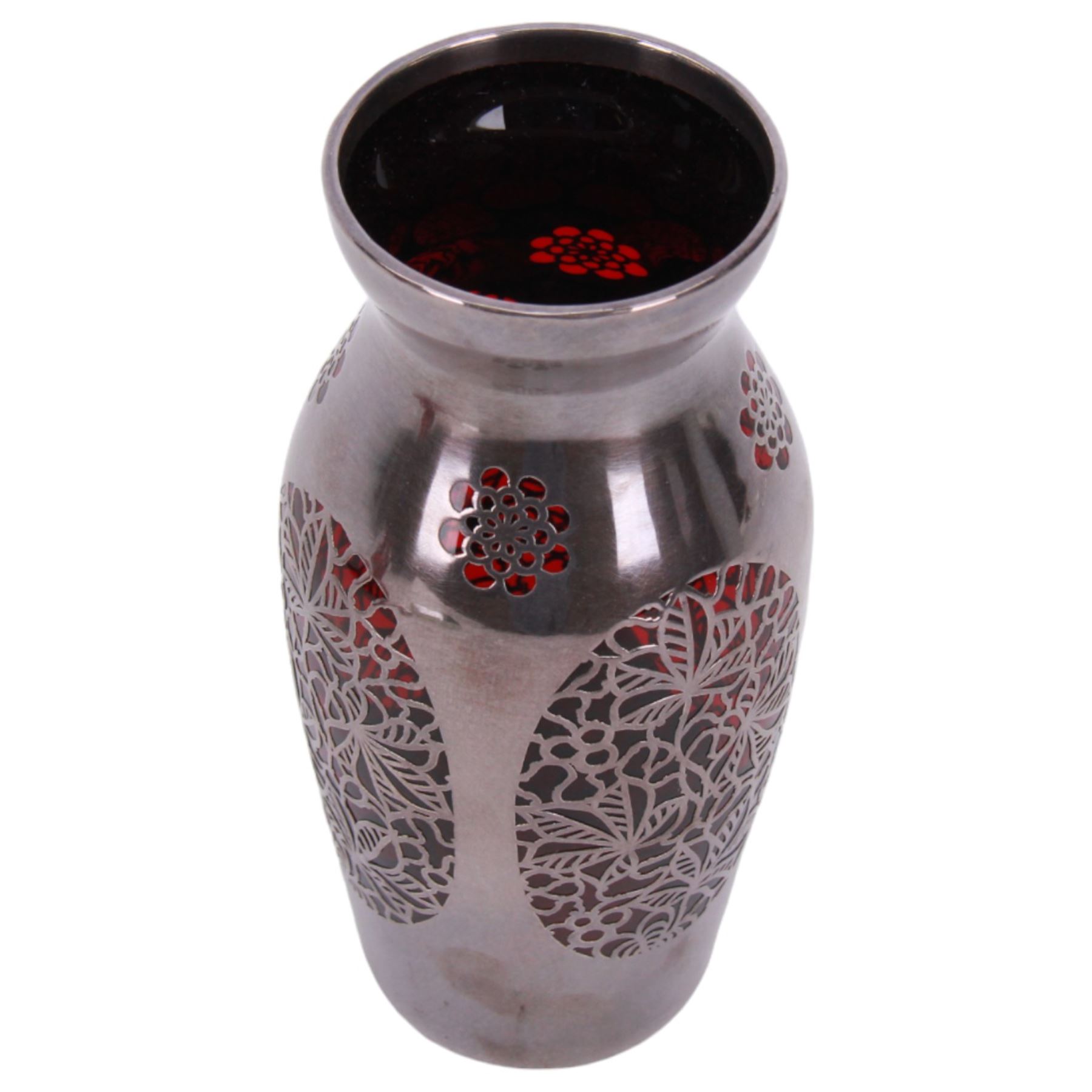 20th century, Jean Beck and Friedrich Deusch, ruby red glass vase, decorated in silver overlay with panels of foliage detail, H15cm