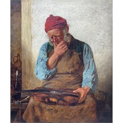 Edward Deanes (British fl.1860-1893): The Fiddle Mender, oil on canvas signed and dated 1878, 59cm x 49cm